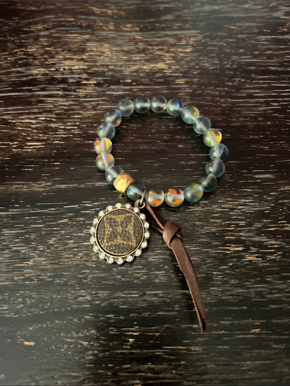 Beaded Multi-Color Charm Bracelet with Leather Accent